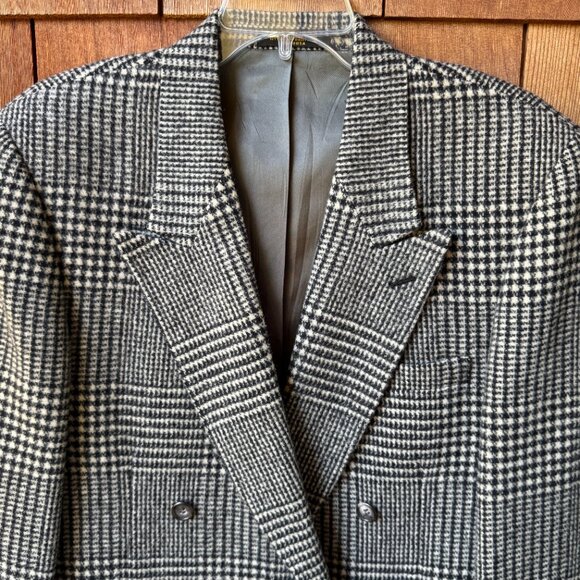 Vintage Evan Picone Black and Cream Plaid Wool Double Breasted Blazer in Large - Picture 2 of 11